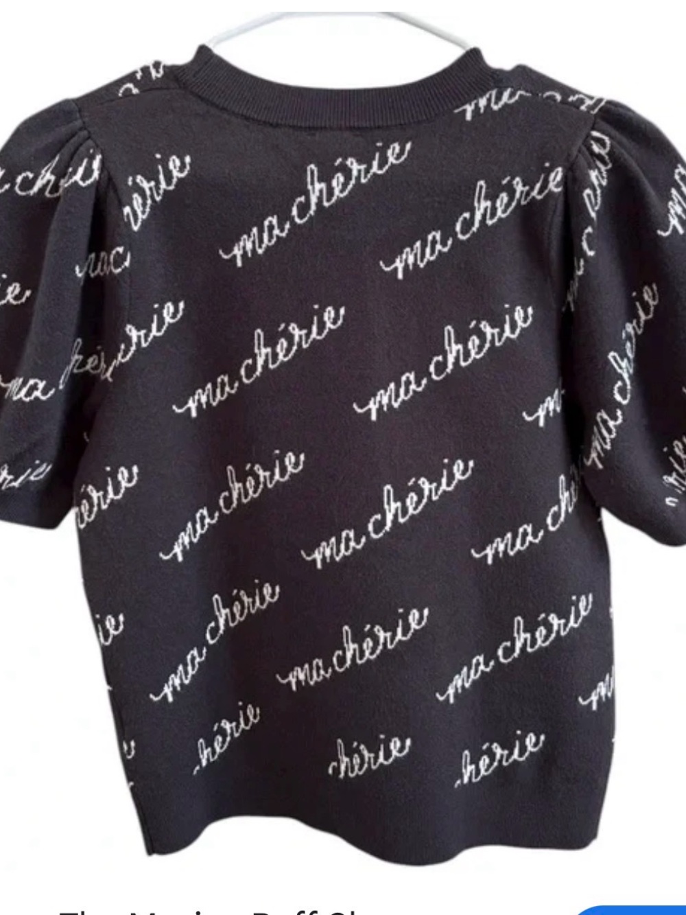 Maeve Black Puff-Sleeve Knit Top with White 'ma chérie' Script
